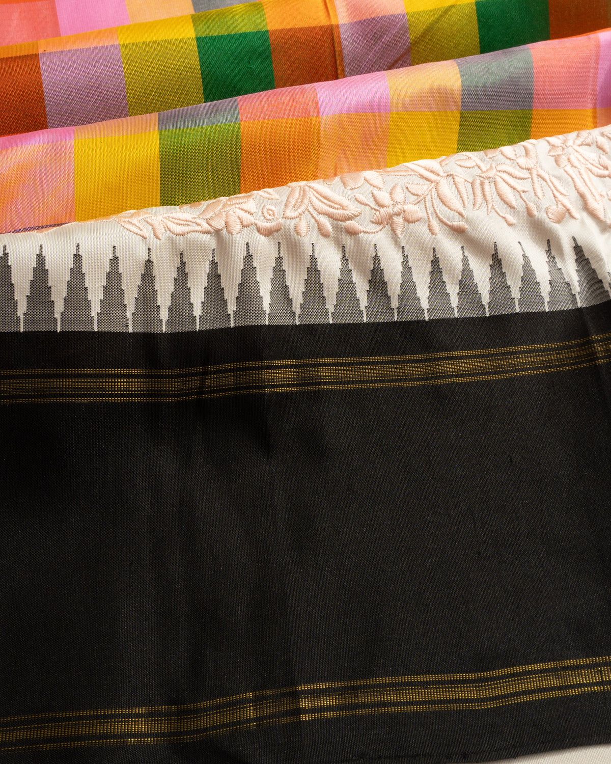 Kanchipuram Silk Madras Checks Multicolour Saree With Embroidery And Rettai Pettu Border