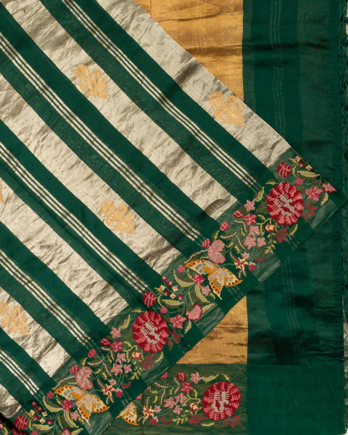 Organza Lines And Butta Dark Green Saree With Embroidery Border