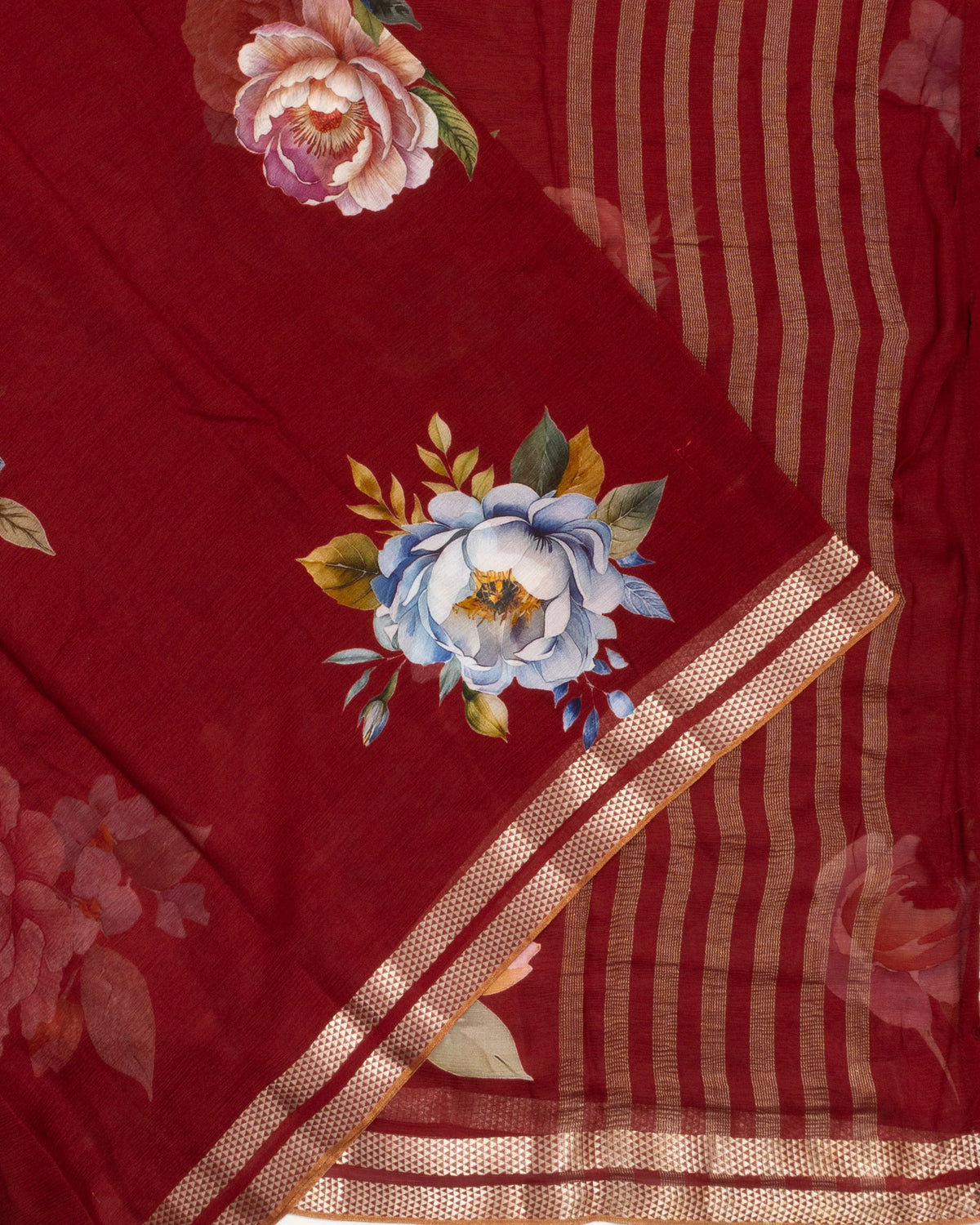 Chiffon Floral Printed Red Saree