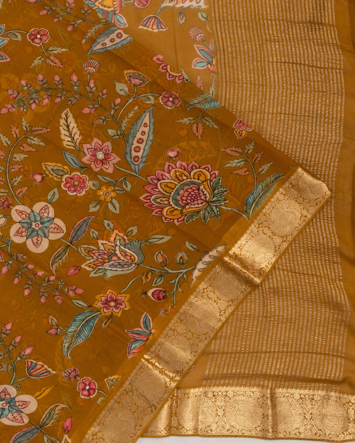 Chiffon Floral Printed Jaal Mehendi Green Saree