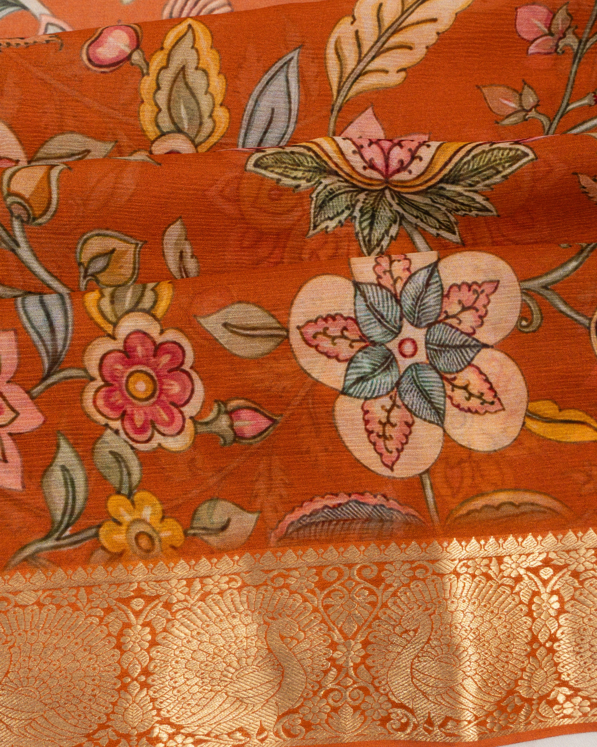 Chiffon Floral Printed Jaal Orange Saree