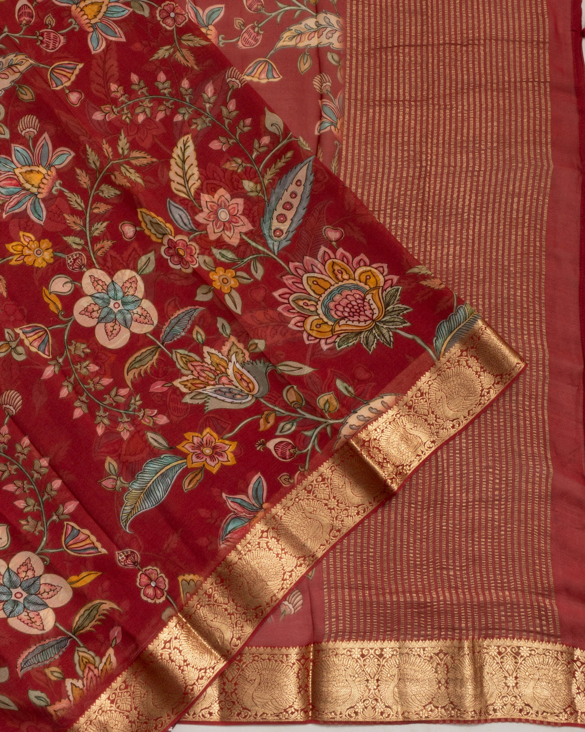 Chiffon Floral Printed Jaal Red Saree