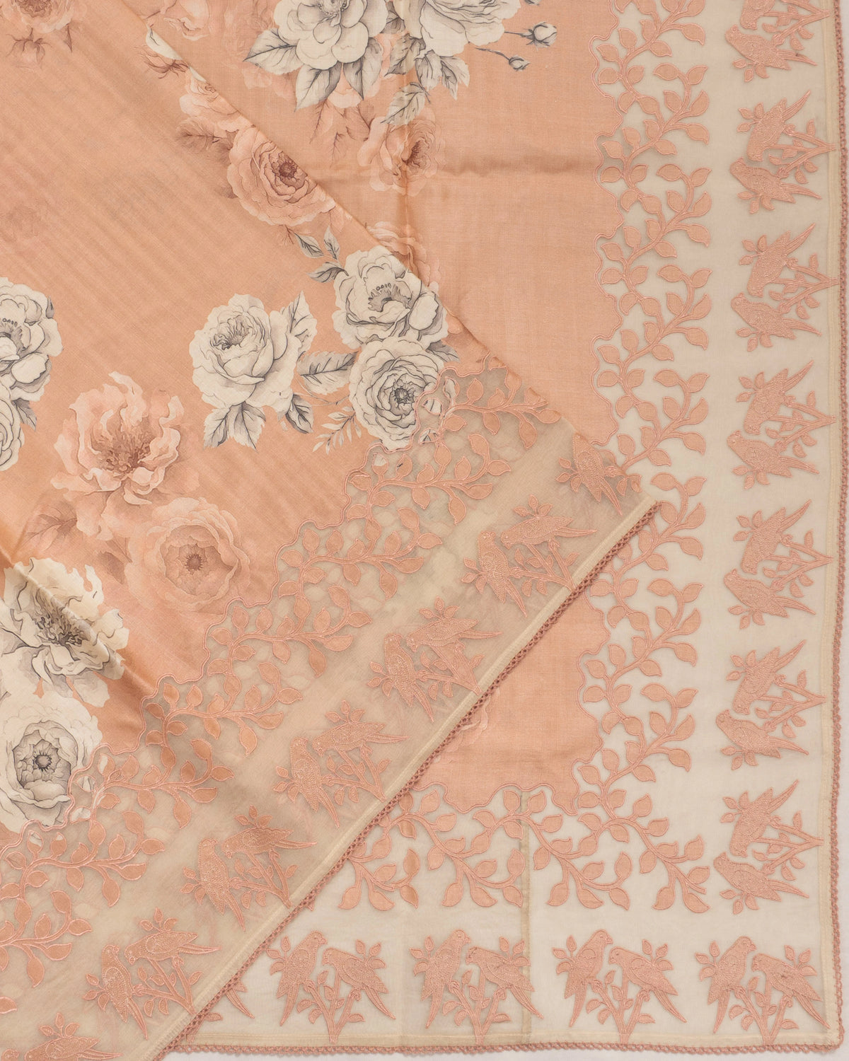 Soft Tussar Floral Printed Peach Saree With Organza Embroidery Border