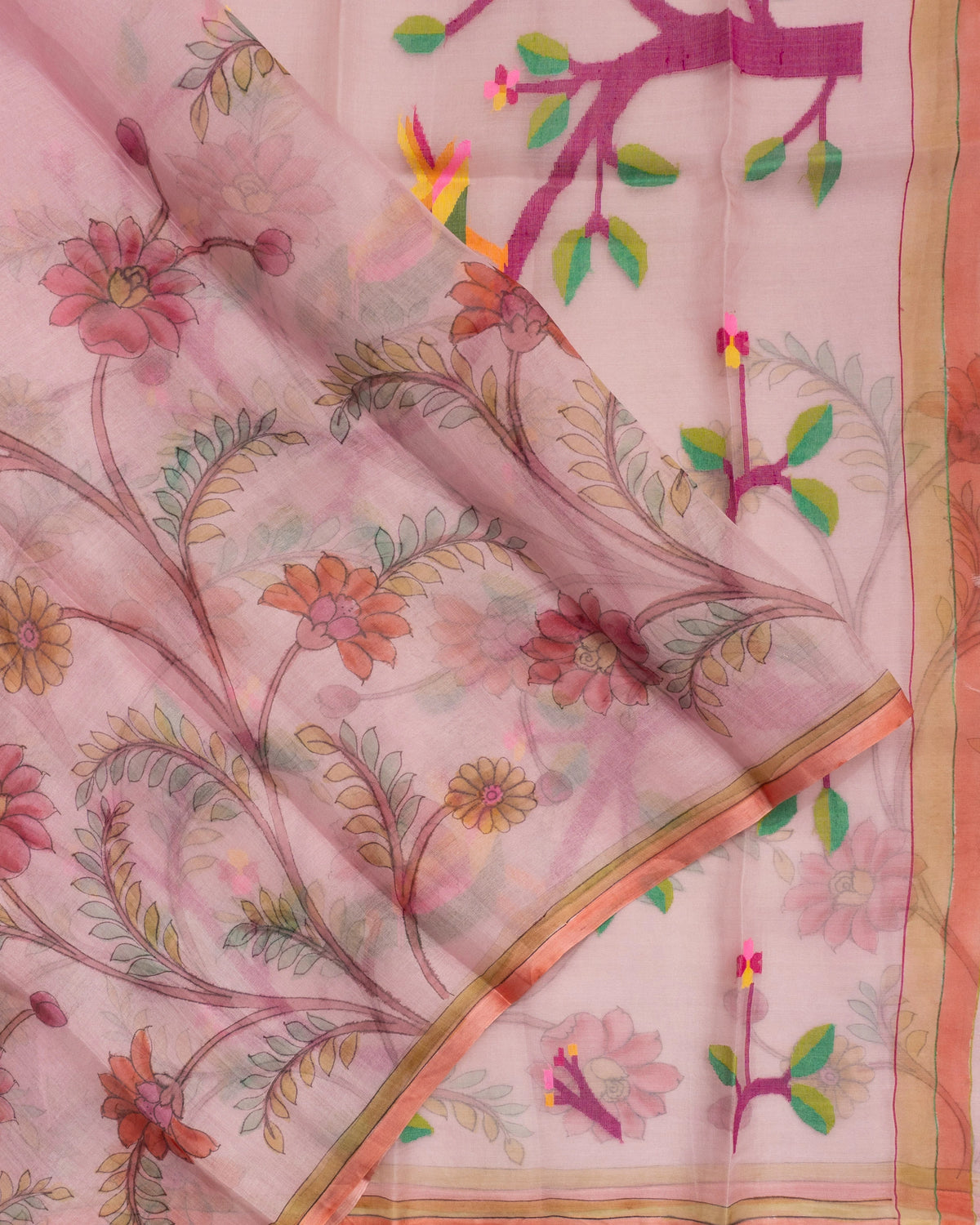 Dhakai Kora Organza Jamdani Floral Printed Baby Pink Saree
