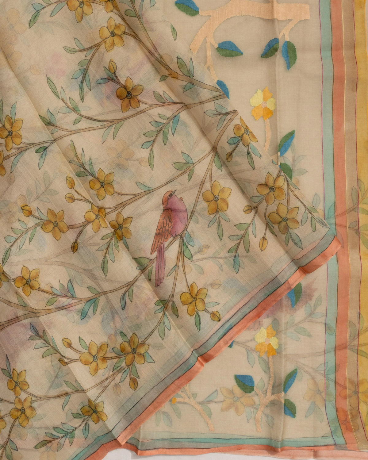 Dhakai Kora Organza Jamdani Floral Printed Beige Saree