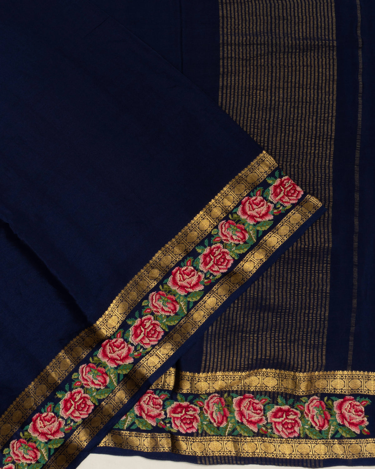 Crepe Georgette Plain Dark Blue Saree With Embroidery Border