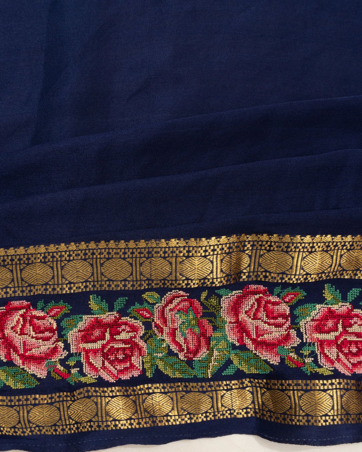 Crepe Georgette Plain Dark Blue Saree With Embroidery Border