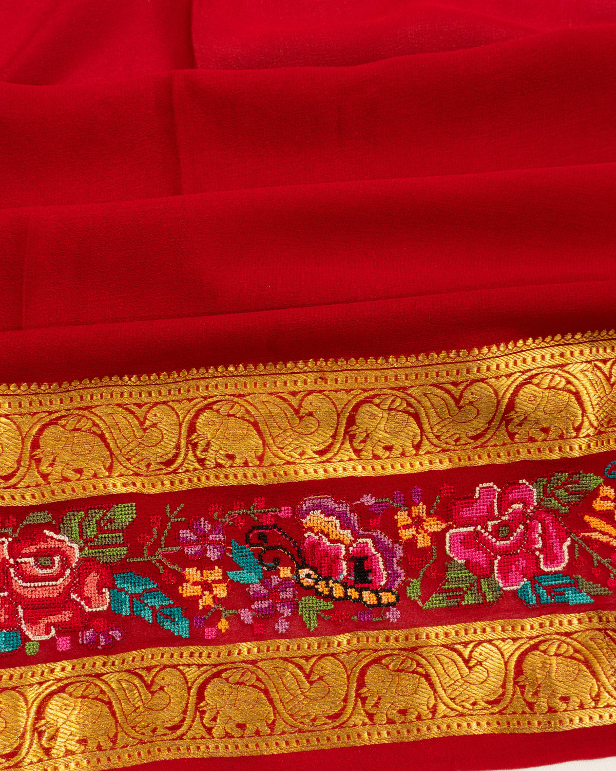 Crepe Georgette Plain Red Saree With Embroidery Border