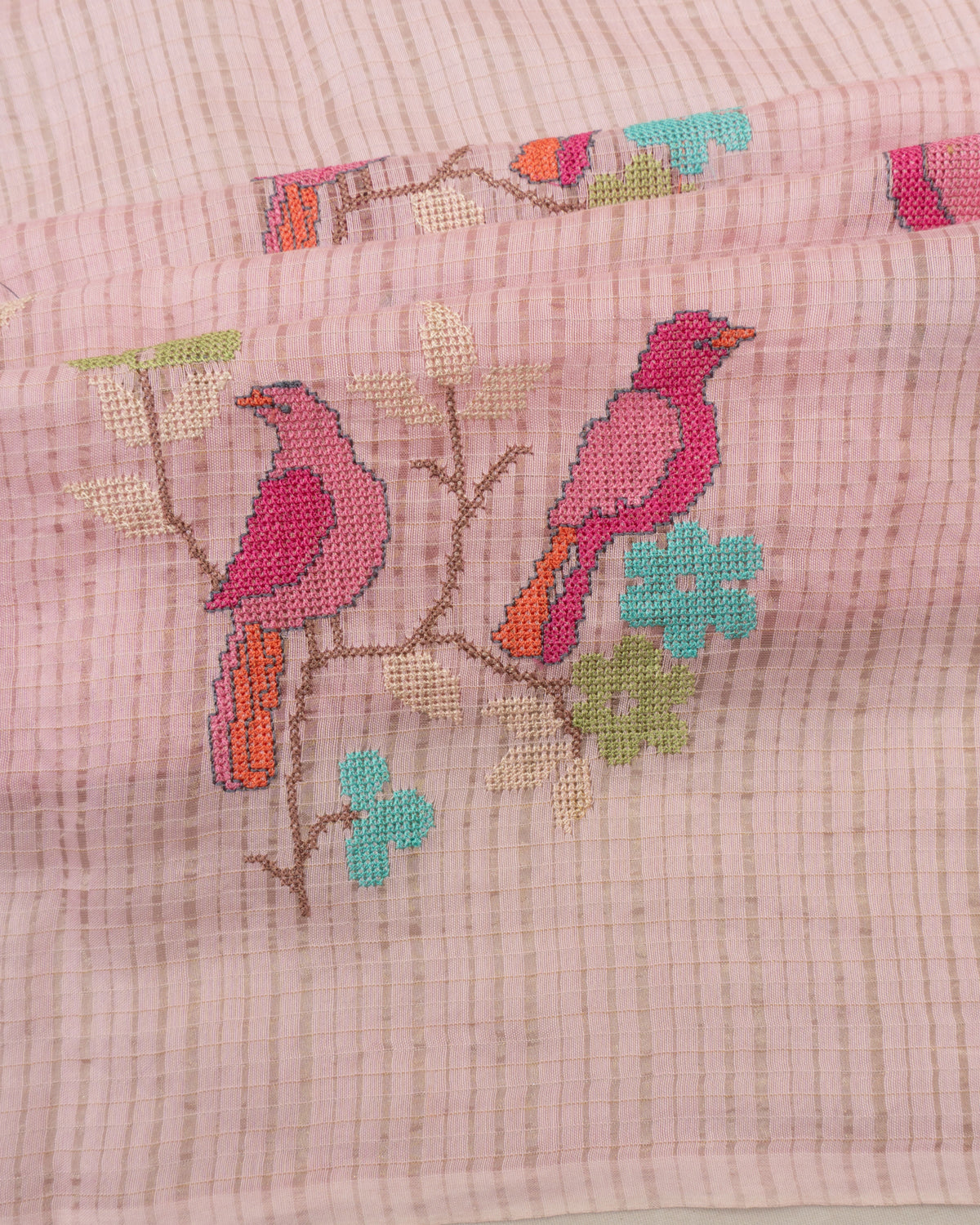 Mul Cotton Lines And Embroidery Butta Baby Pink Saree