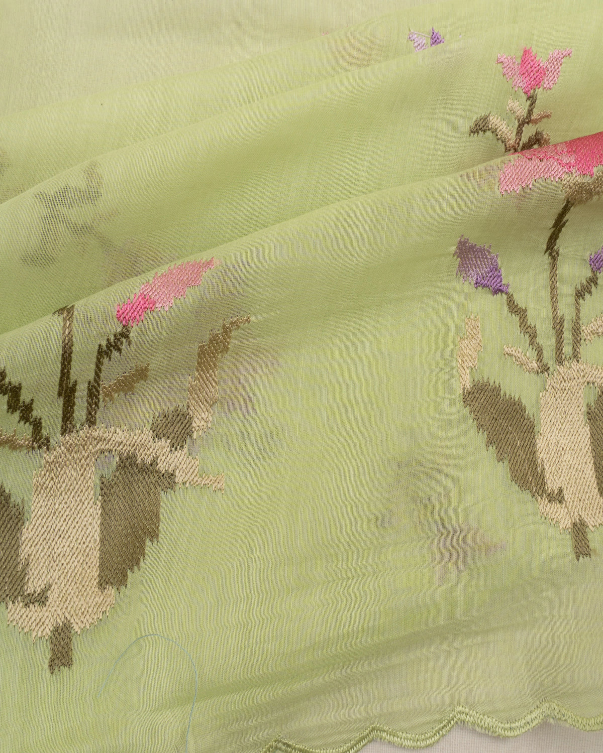 Mul Cotton Embroidery Butta Pista Green Saree