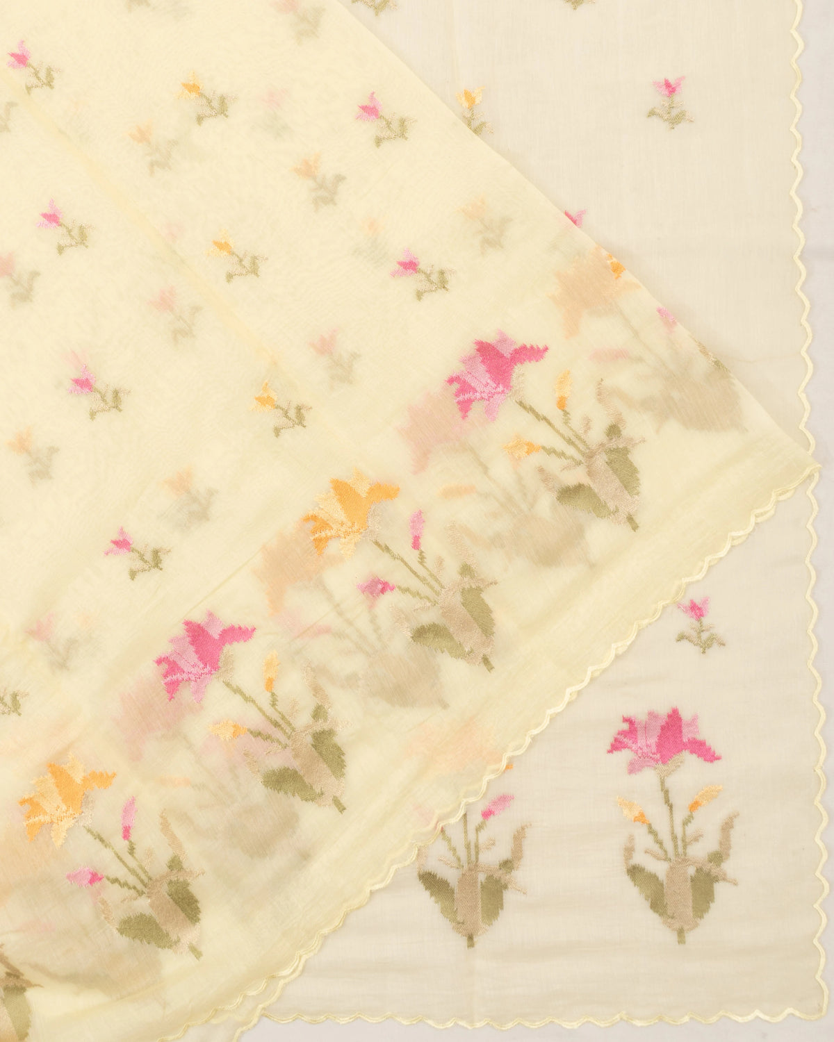 Mul Cotton Embroidery Butta Pale Yellow Saree