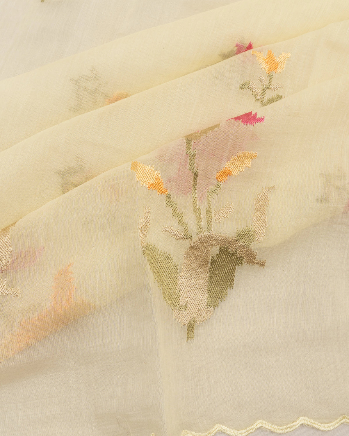 Mul Cotton Embroidery Butta Pale Yellow Saree
