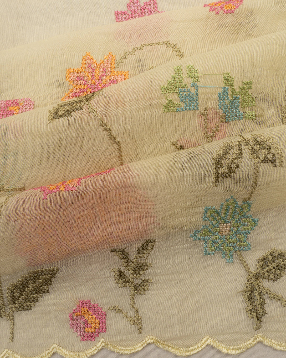 Mul Cotton Embroidery Jaal Pale Yellow Saree