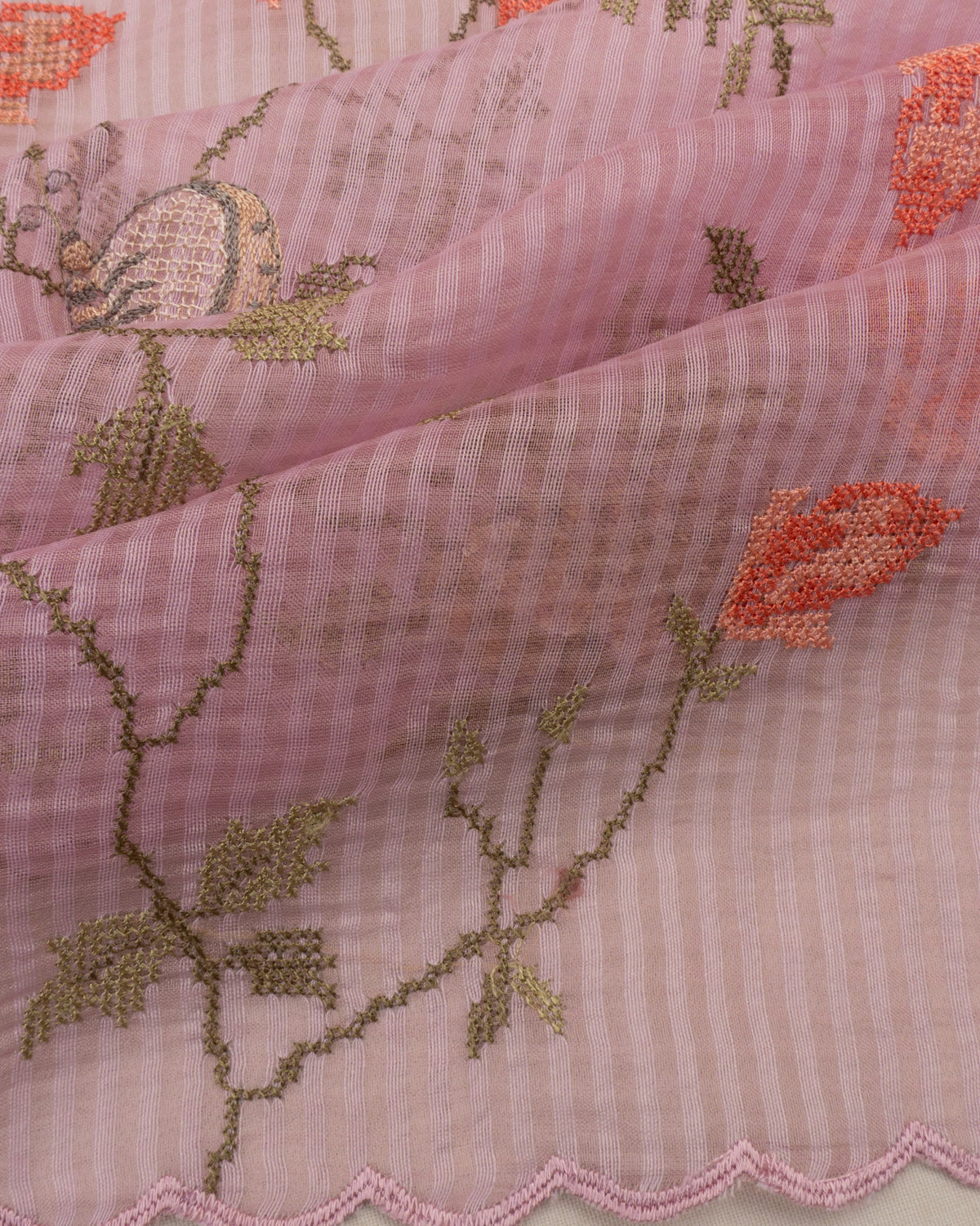 Mul Cotton Lines And Embroidery Jaal Pink Saree