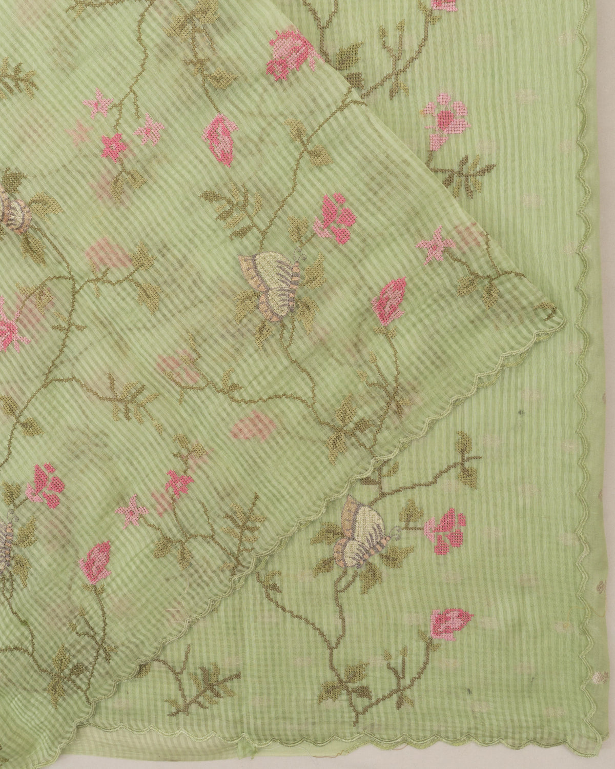 Mul Cotton Lines And Embroidery Jaal Green Saree
