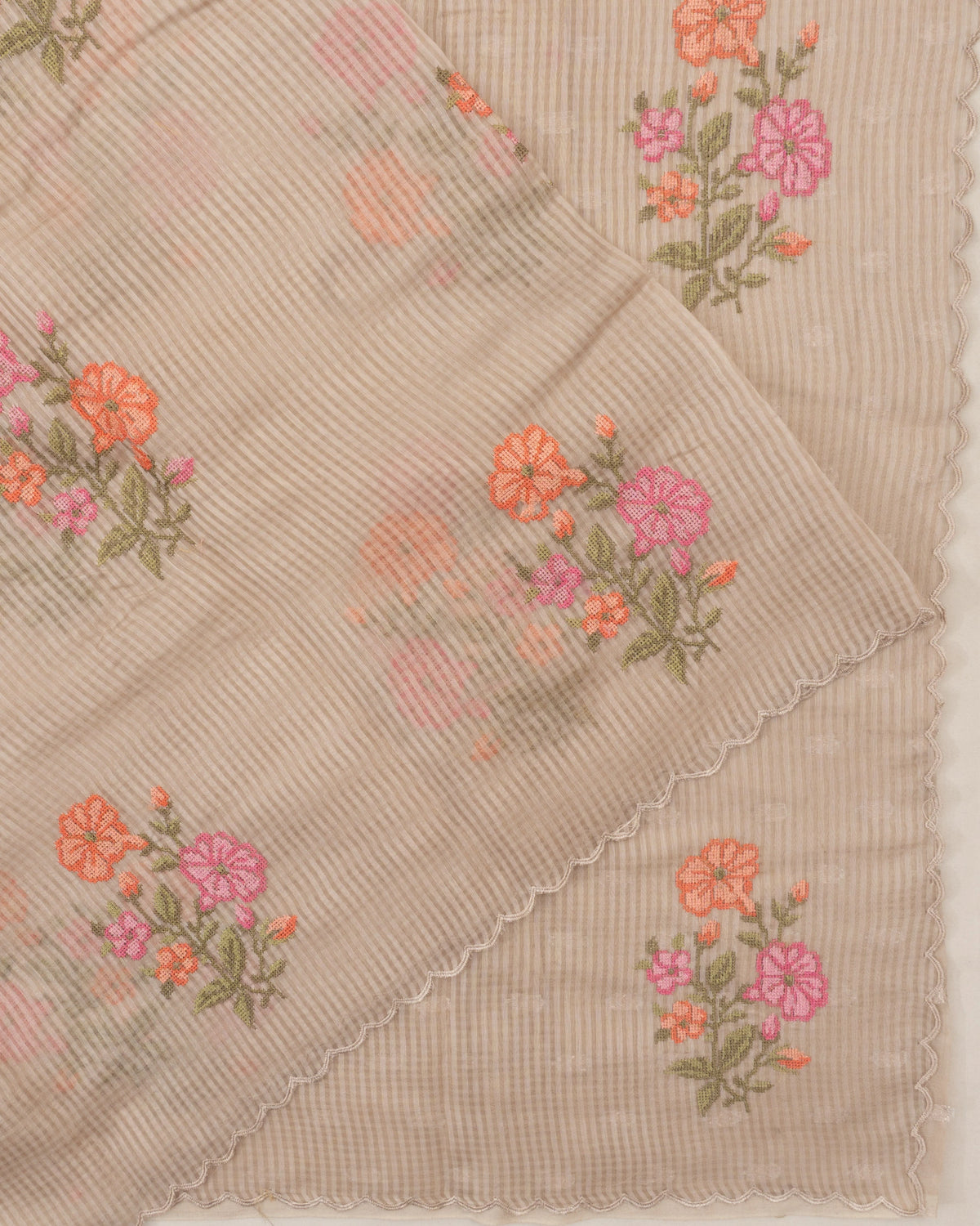 Mul Cotton Lines And Embroidery Butta Beige Saree
