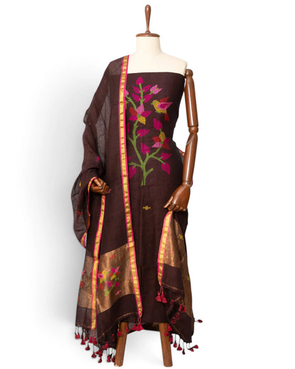 Linen Butta Brown Salwar Suit Set W/O Bottom