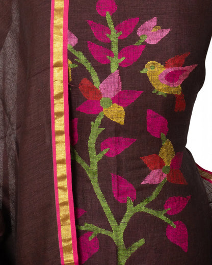 Linen Butta Brown Salwar Suit Set W/O Bottom