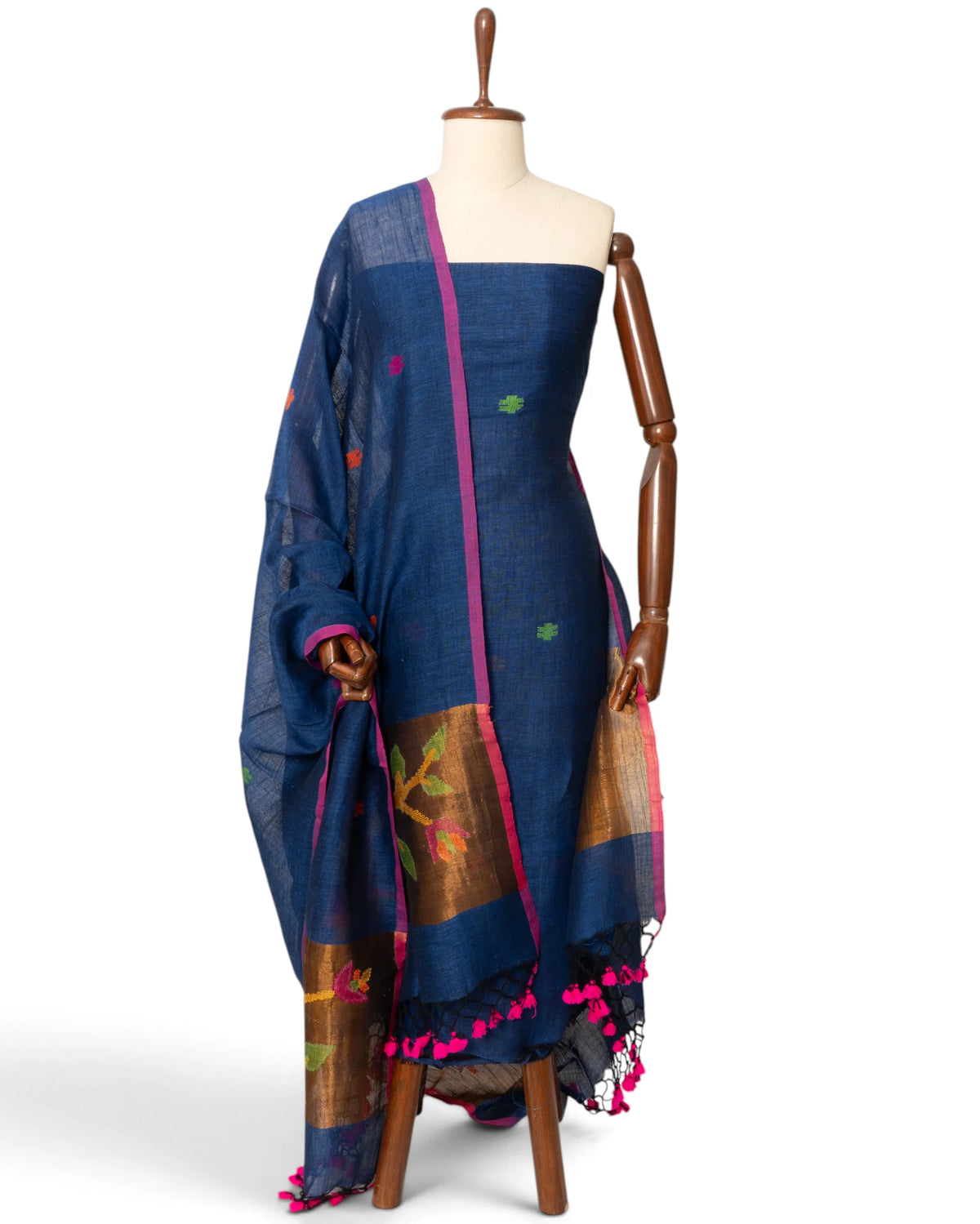 Linen Butta Dark Blue Salwar Suit Set W/O Bottom