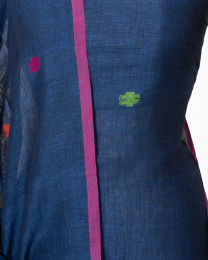 Linen Butta Dark Blue Salwar Suit Set W/O Bottom