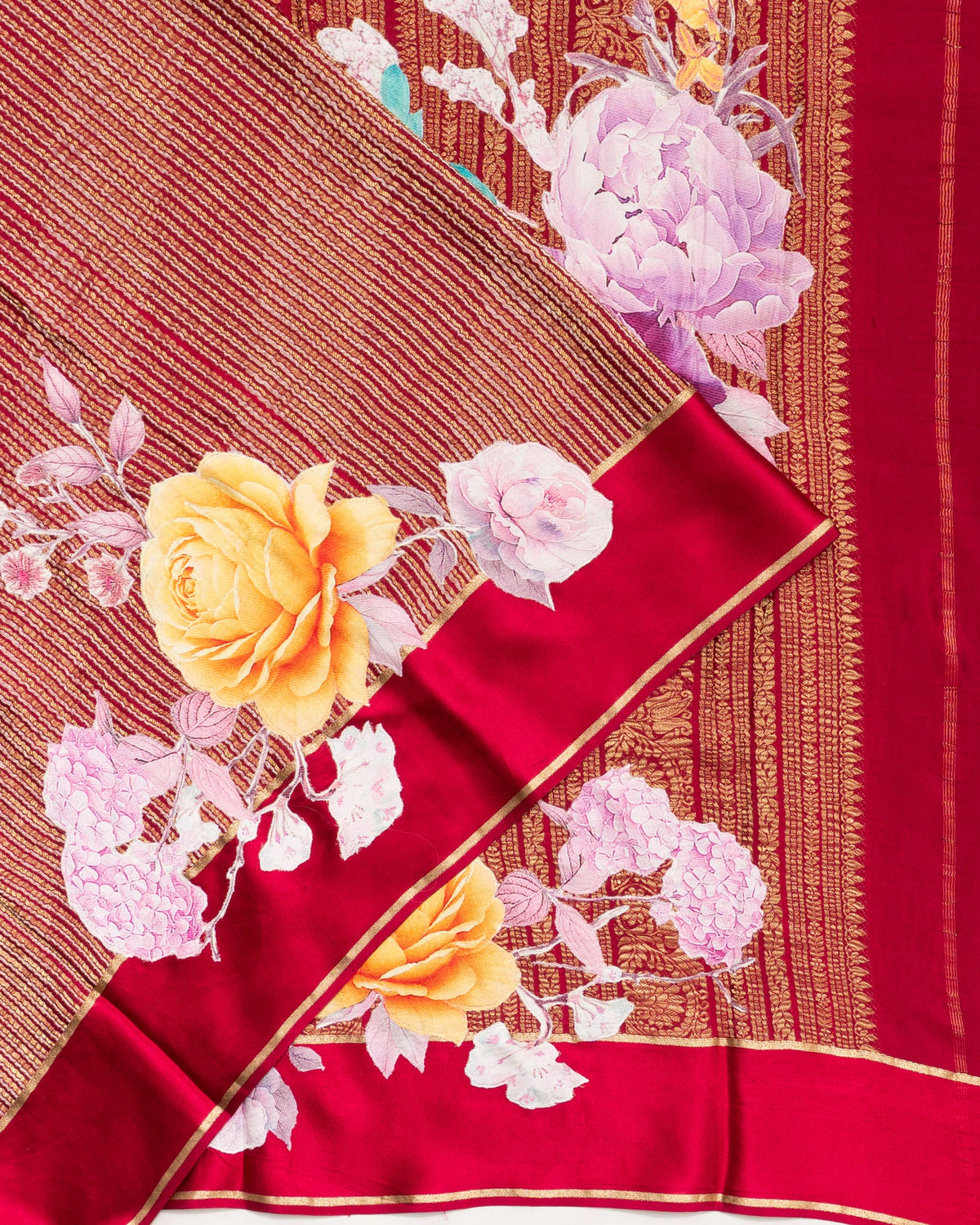 Crepe Silk Lines Red Saree With Applique Work