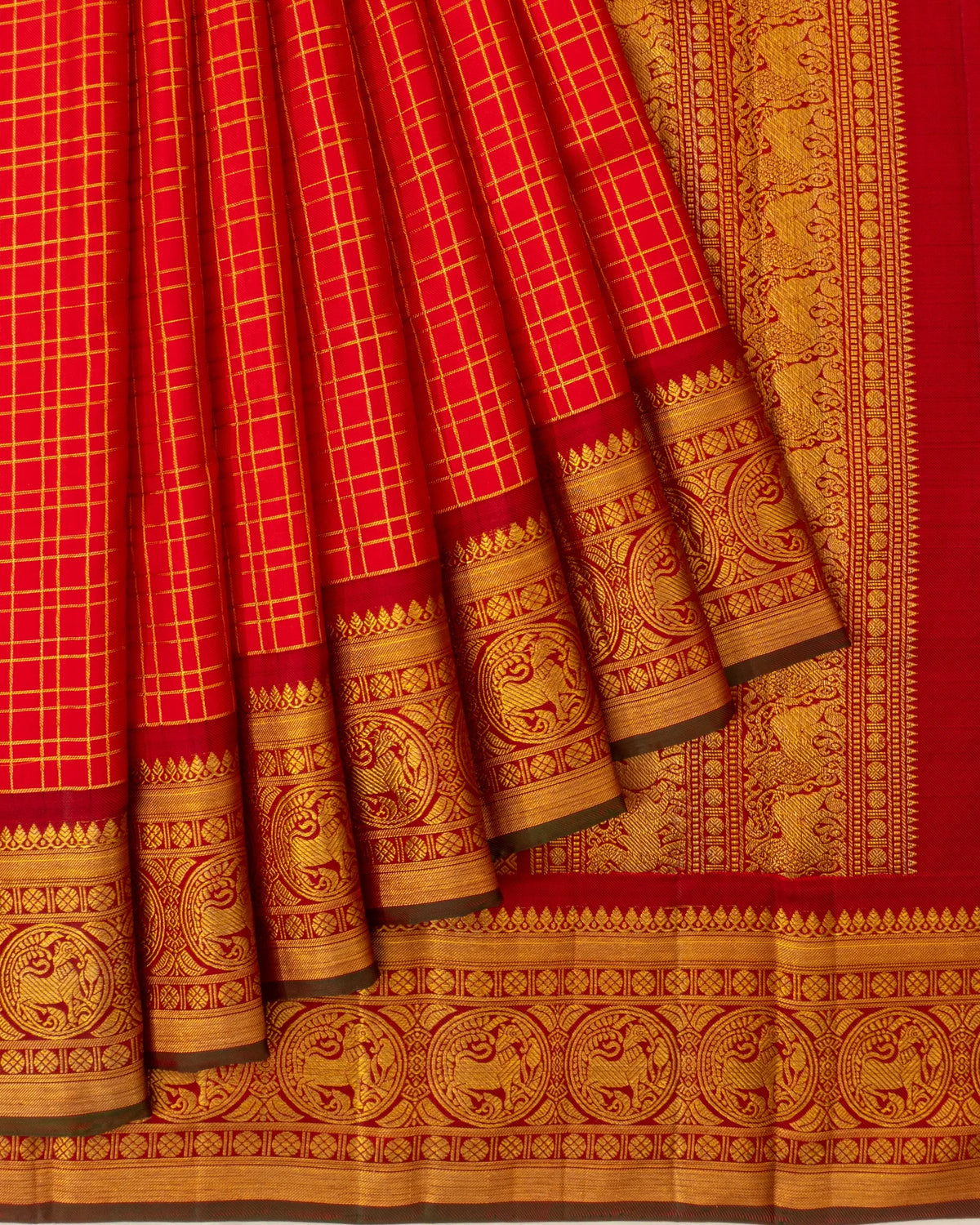Kanchipuram Silk Twill Checks Red Saree