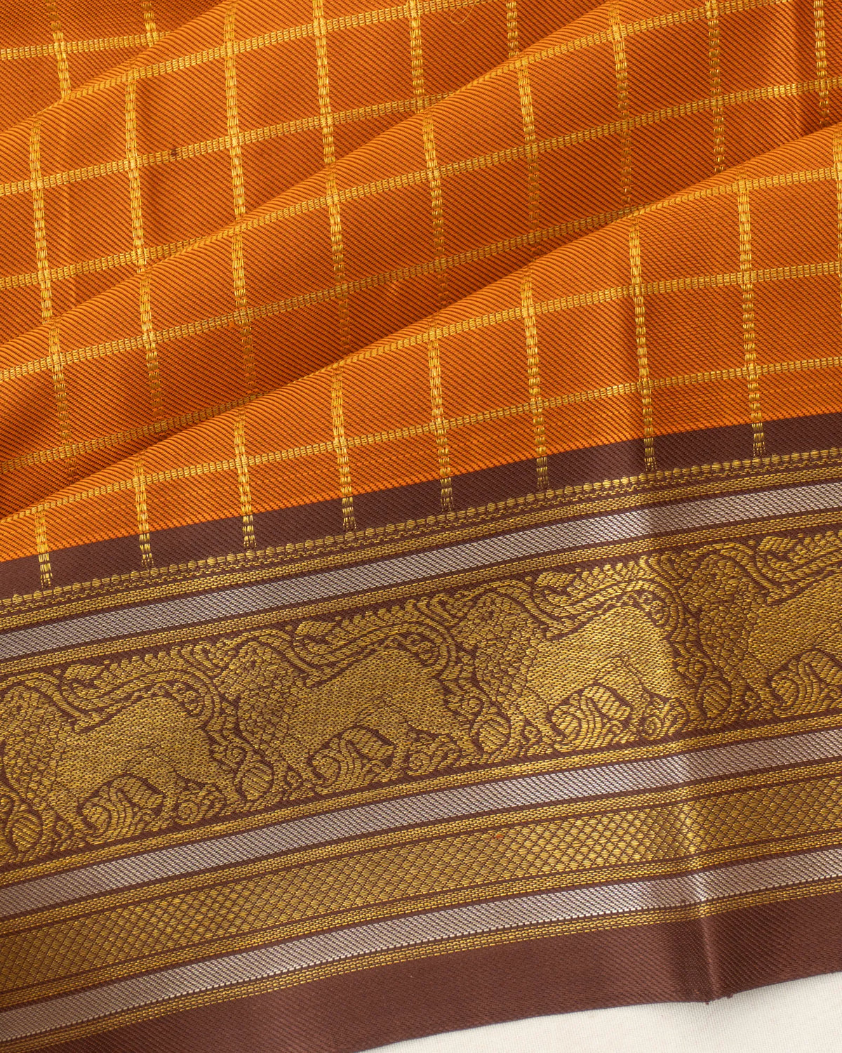 Kanchipuram Silk Twill Checks Rust Orange Saree