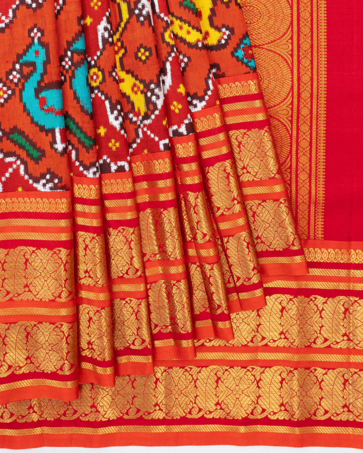 Kanchipuram X Patan Patola Silk Double Ikat 4 Figure Orange Saree
