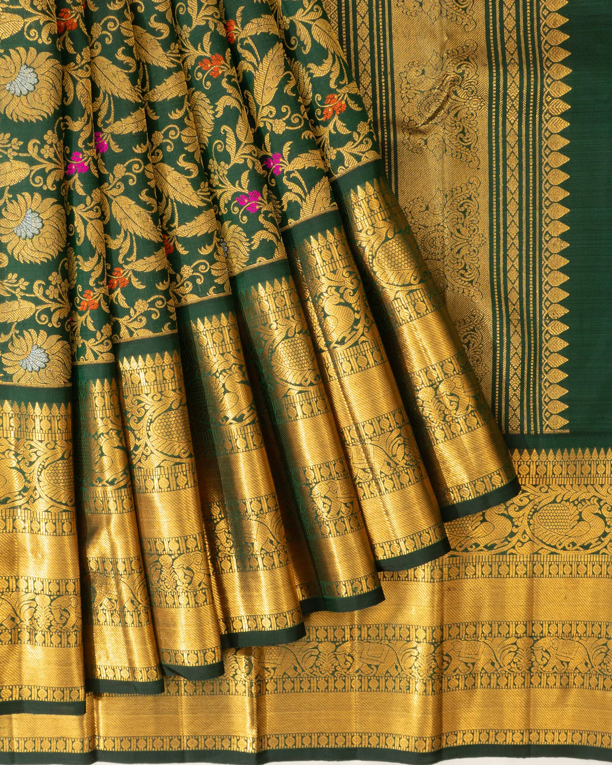 Kanchipuram Silk Brocade Green Saree With Meenakari