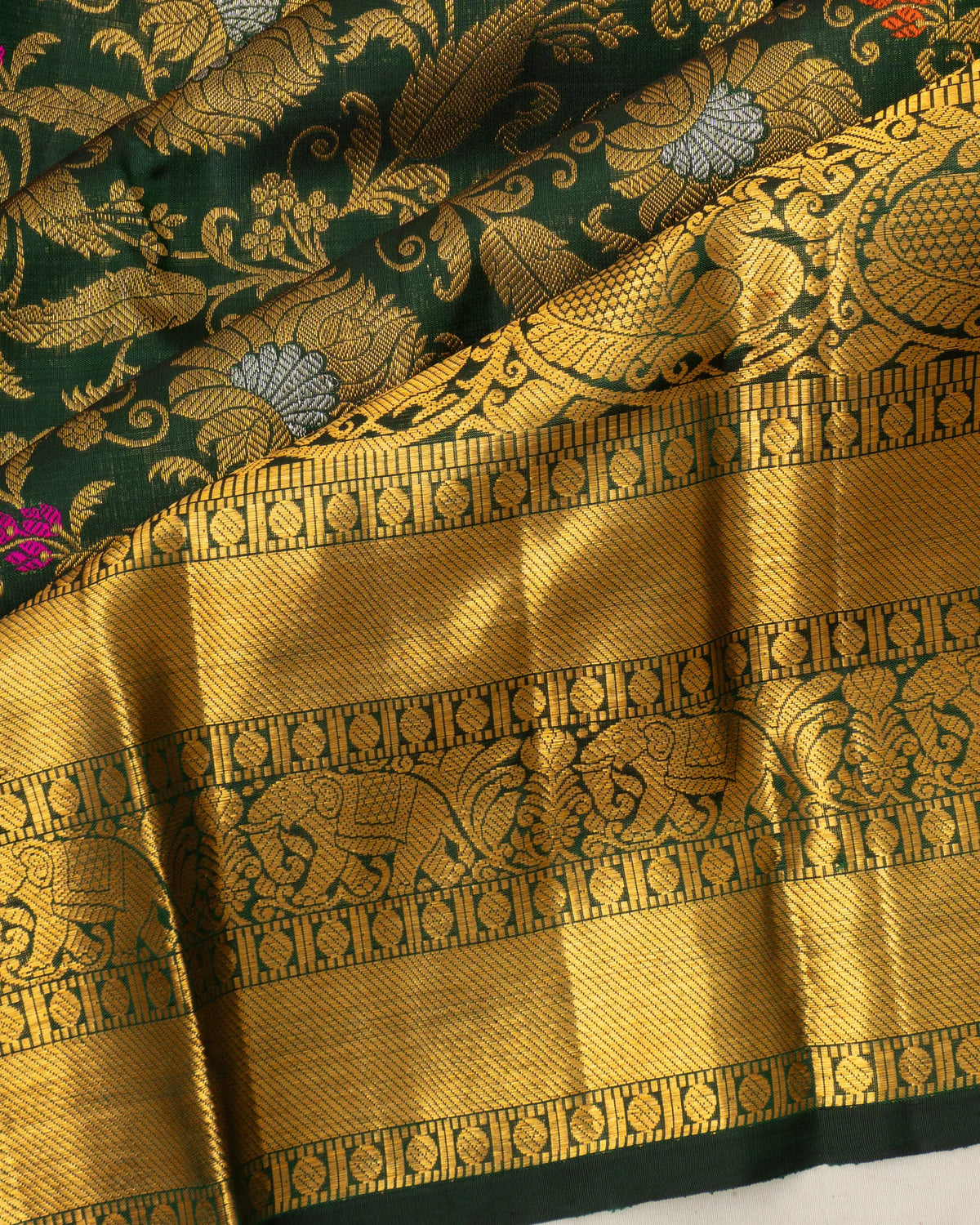 Kanchipuram Silk Brocade Green Saree With Meenakari