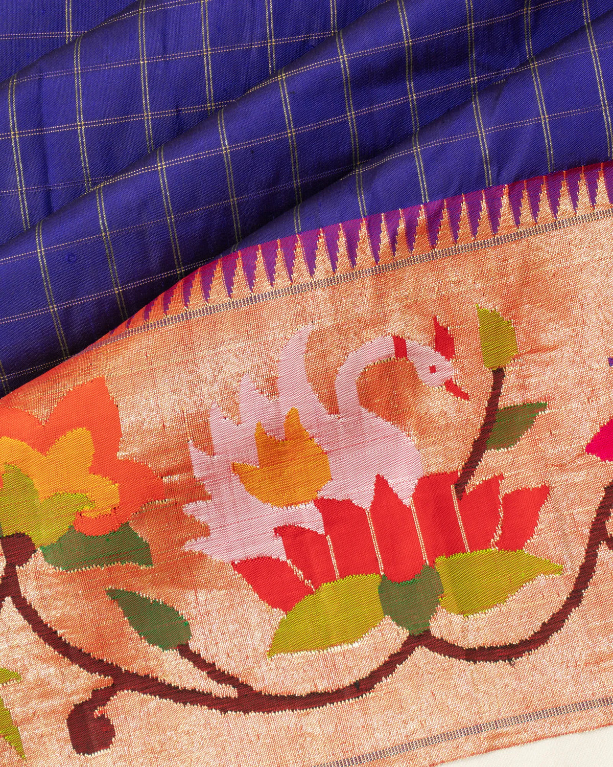 Paithani Silk Checks Blue Saree With Lotus Border