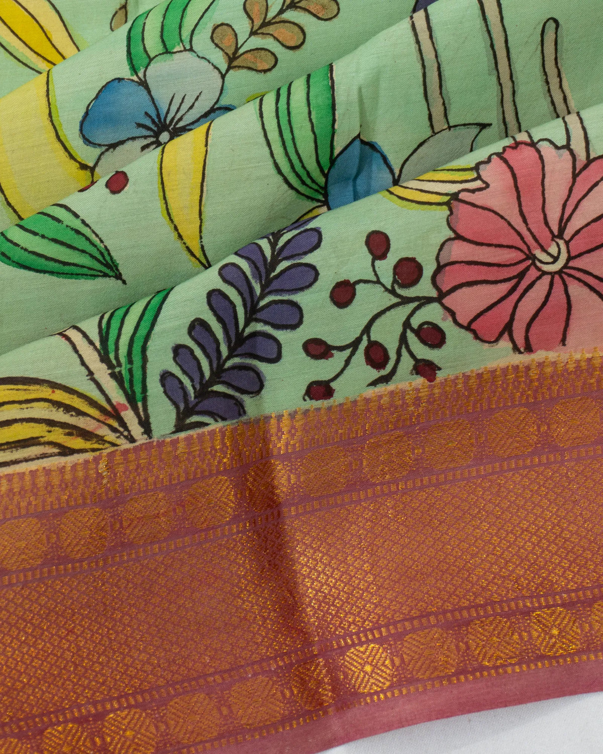 Kalamkari Silk Hand Painted Pastel Green Saree