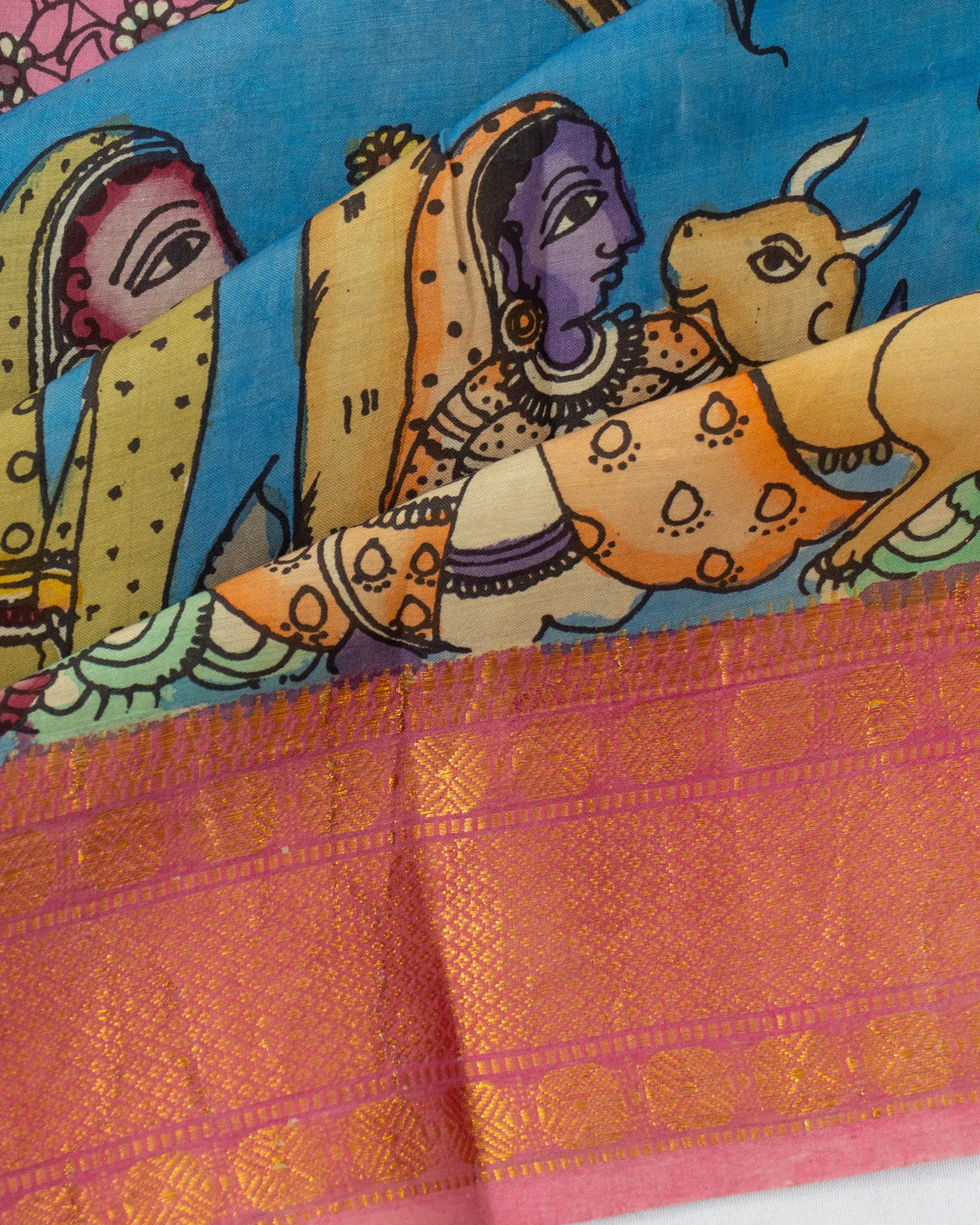 Kalamkari Silk Hand Painted Blue Saree