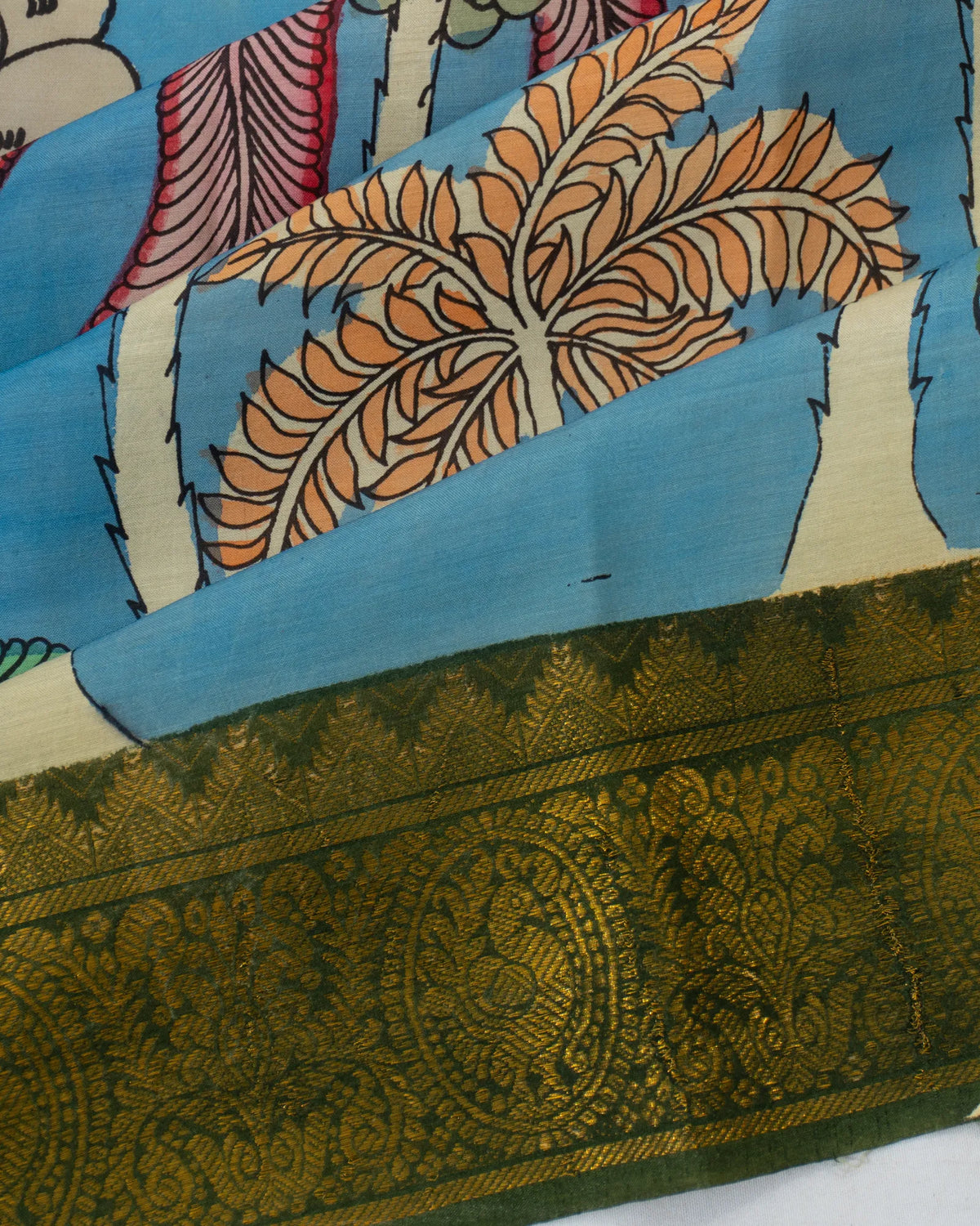Kalamkari Silk Hand Painted Blue Saree