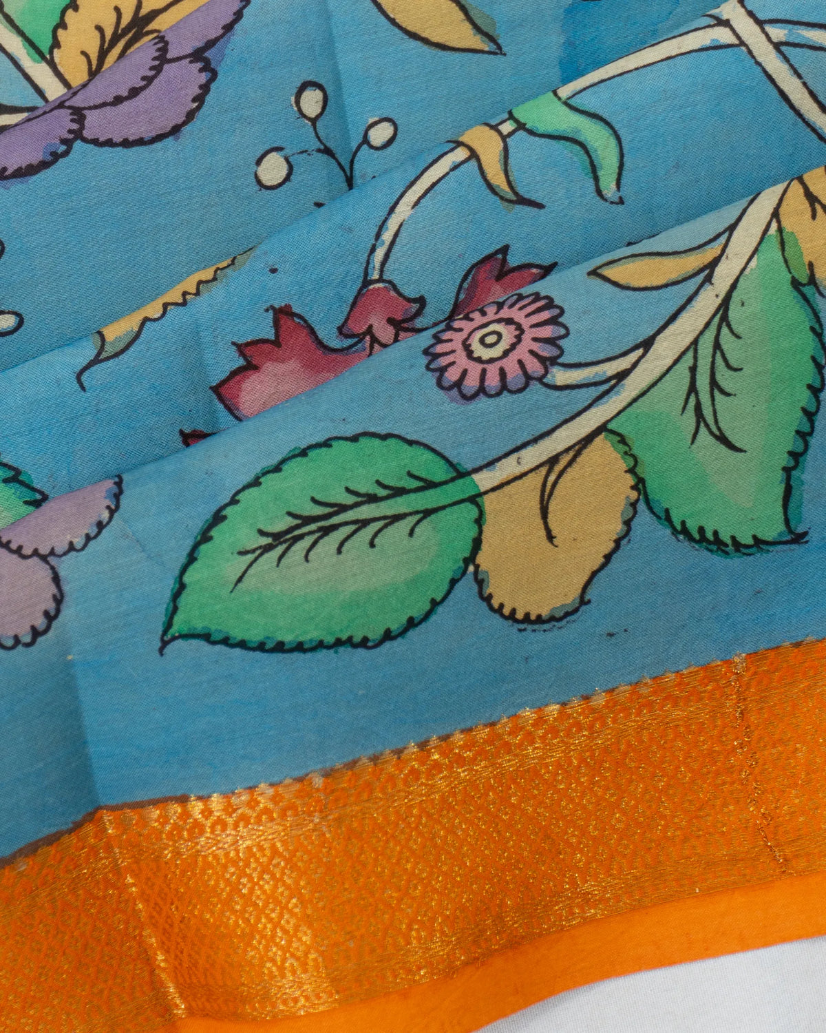 Kalamkari Silk Hand Painted Blue Saree