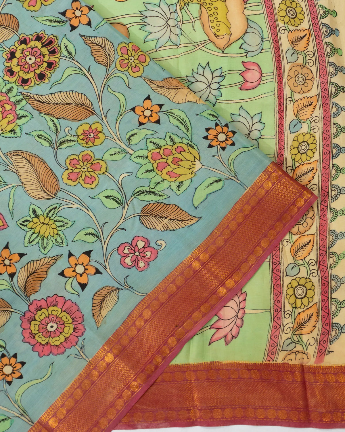Kalamkari Silk Hand Painted Pastel Blue Saree