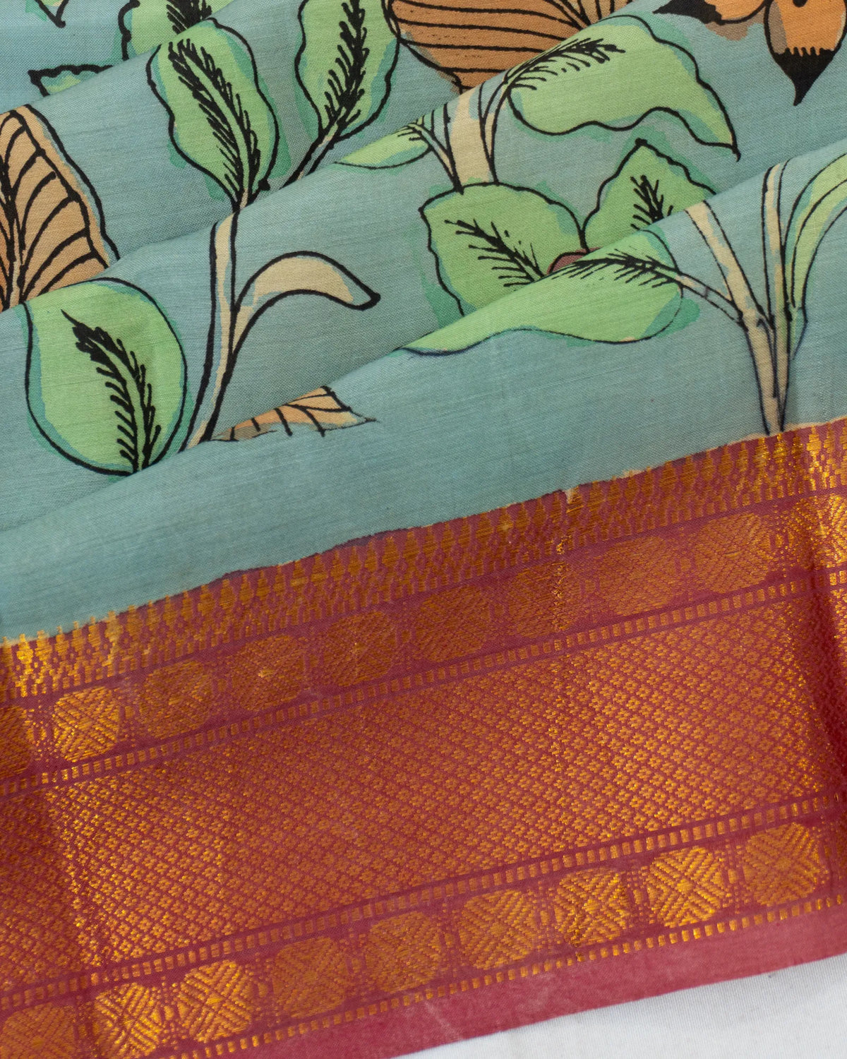 Kalamkari Silk Hand Painted Pastel Blue Saree