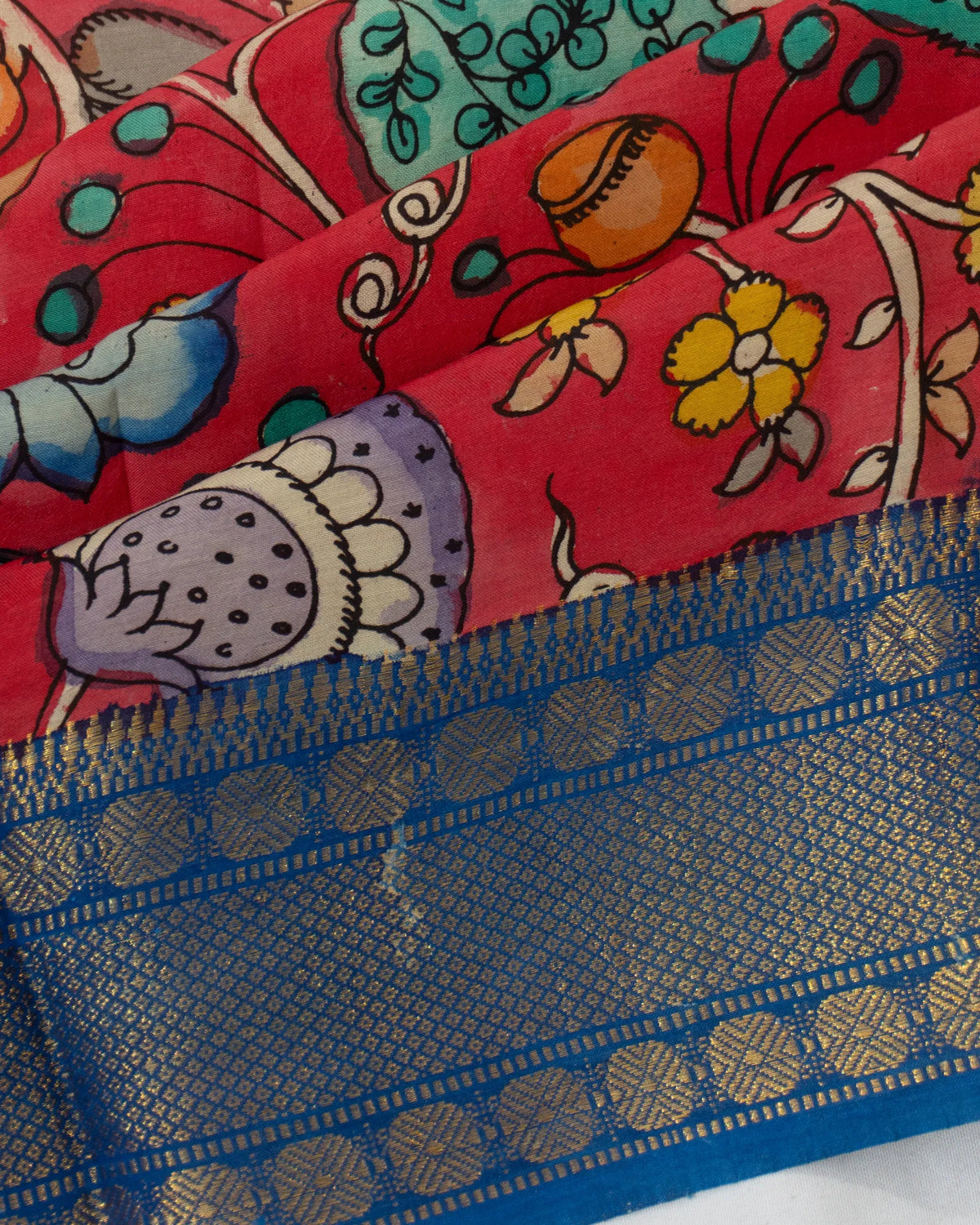 Kalamkari Silk Hand Painted Red Saree