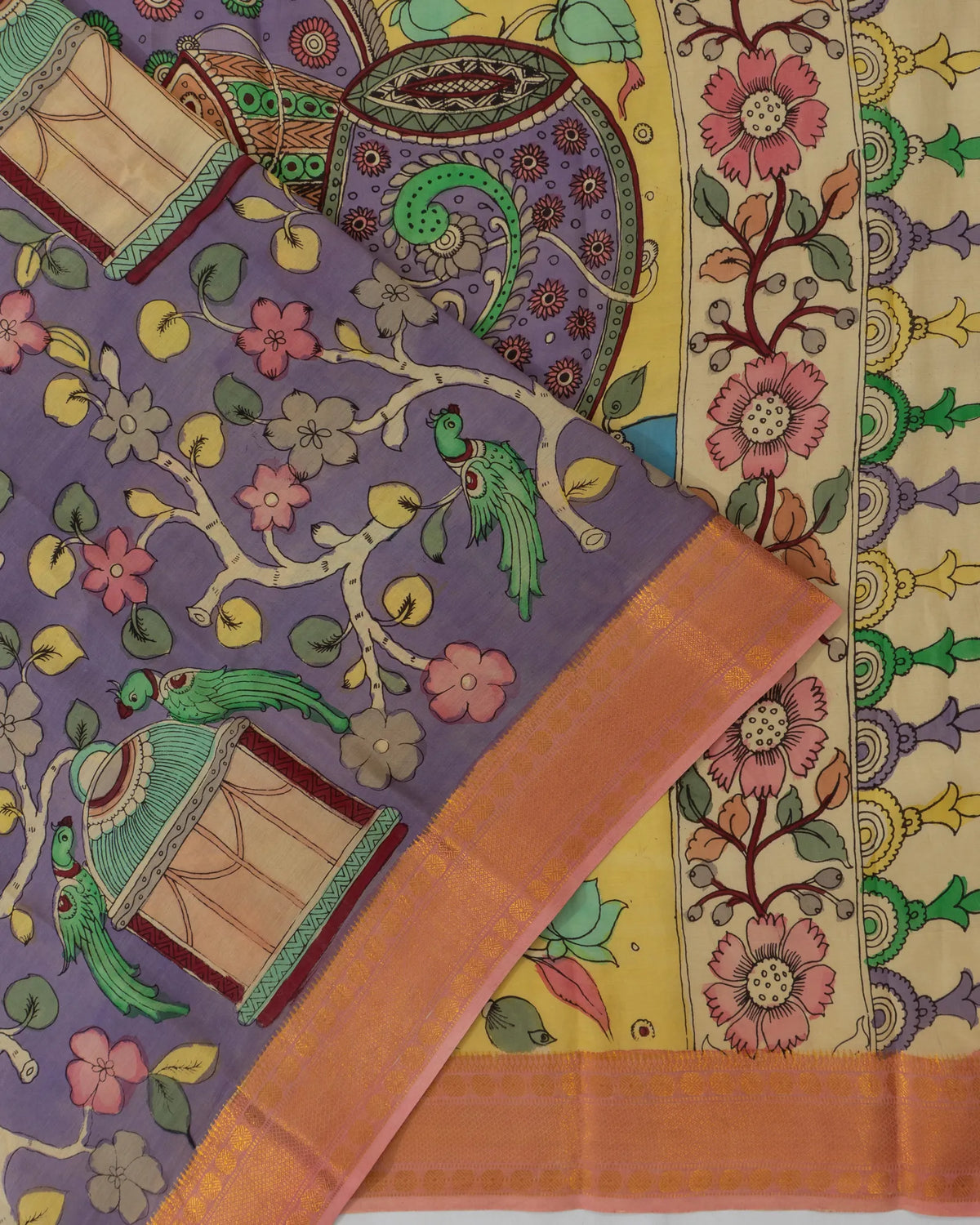 Kalamkari Silk Hand Painted Lilac Saree