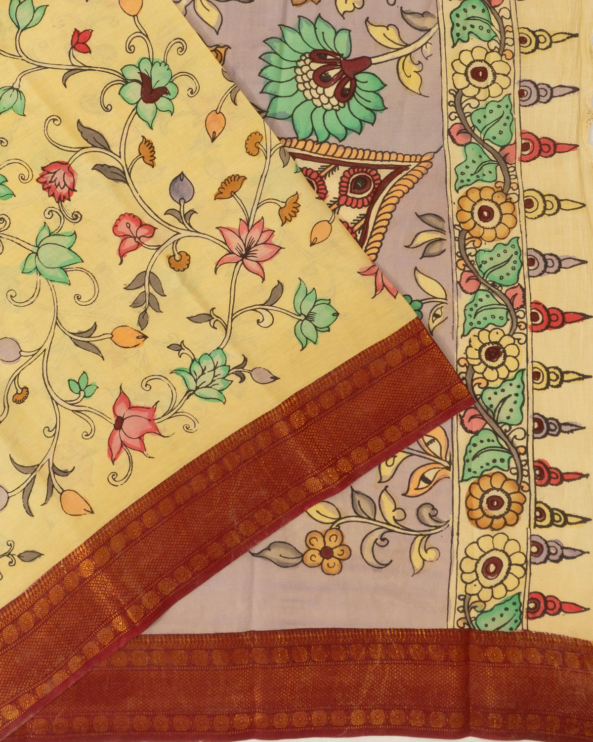 Kalamkari Silk Hand Painted Pale Yellow Saree