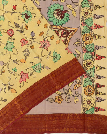Kalamkari Silk Hand Painted Pale Yellow Saree