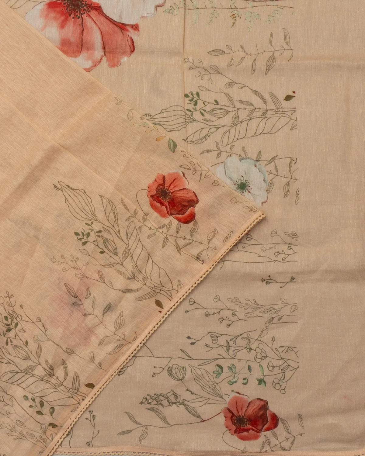 Linen Floral Printed Pastel Orange Saree