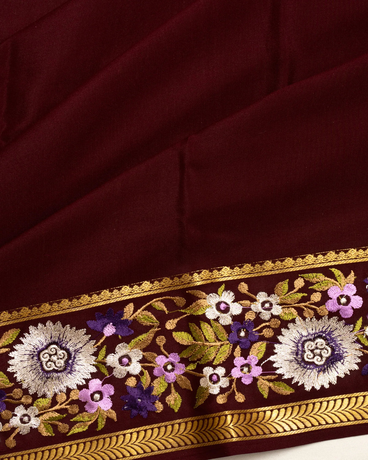 Mysore Silk Plain Dark Maroon Saree With Embroidery Border