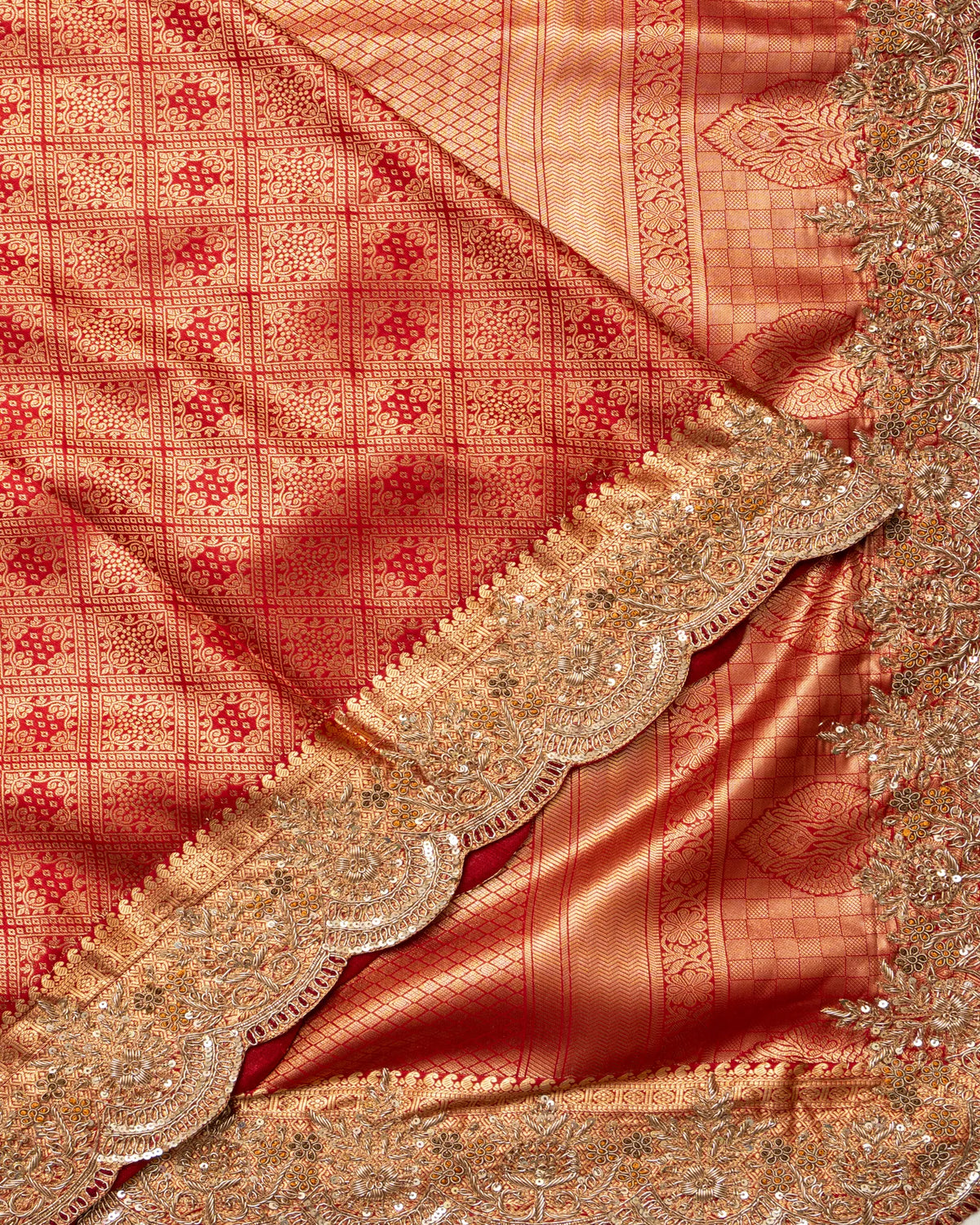 Kanchipuram Silk Brocade Red Saree With Zardosi Work Scallop Border