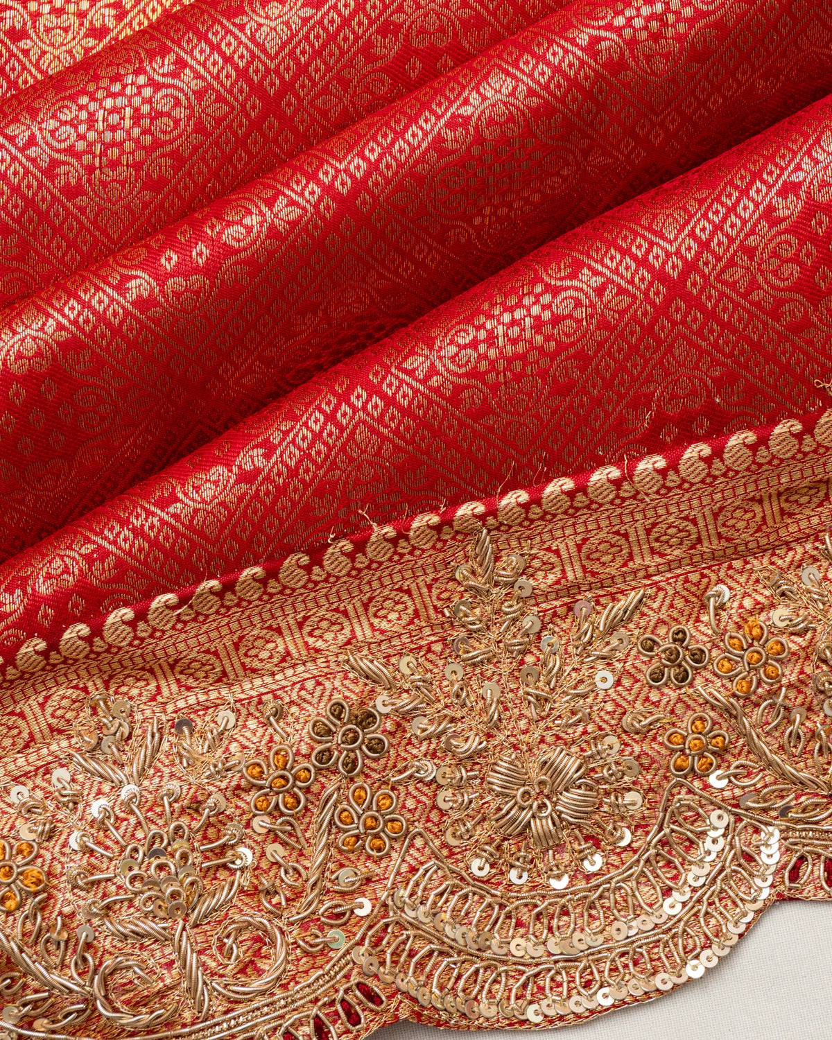 Kanchipuram Silk Brocade Red Saree With Zardosi Work Scallop Border