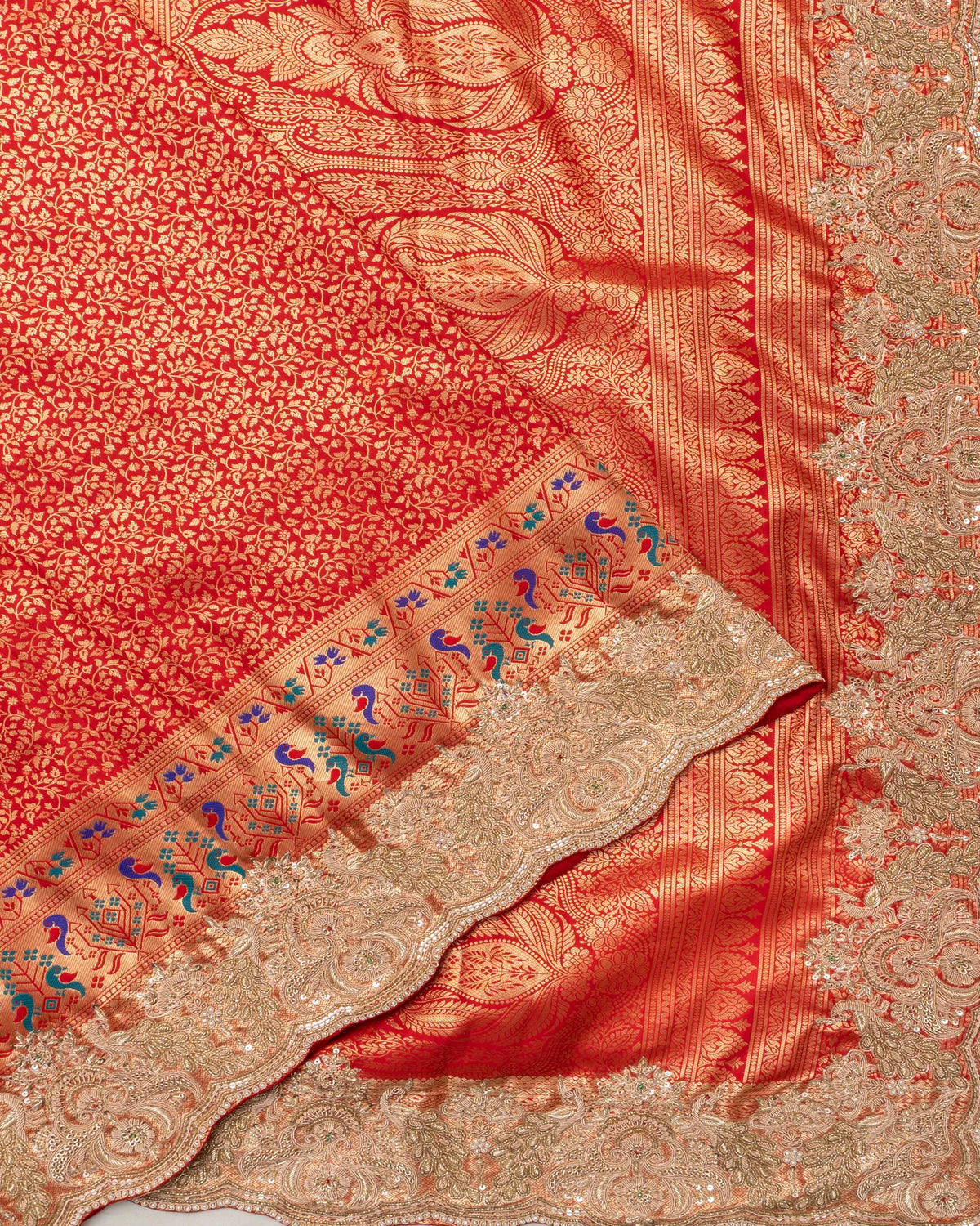Kanchipuram Silk Brocade Red Saree With Zardosi Work Scallop Border