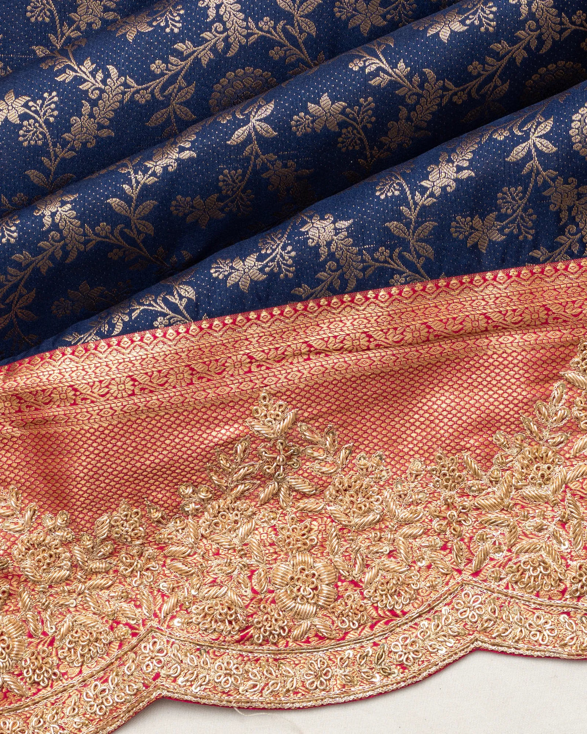 Kanchipuram Silk Jaal Blue Saree With Zardosi Work Scallop Border