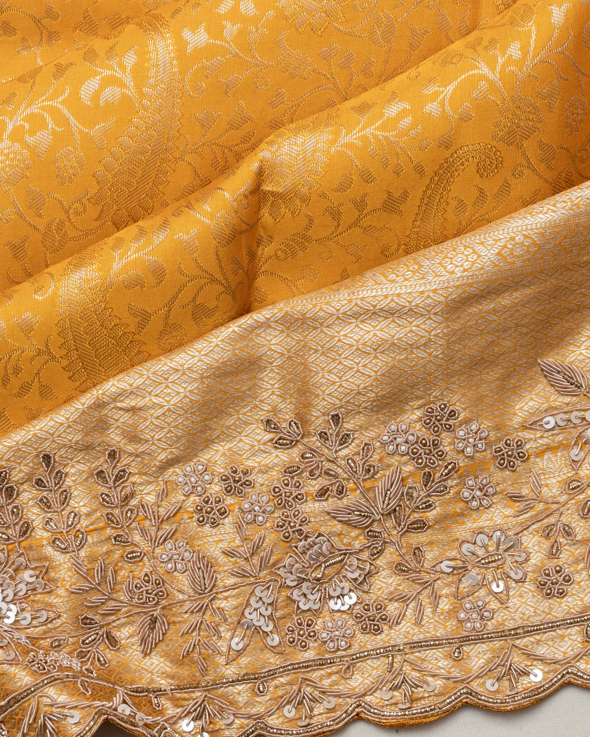 Kanchipuram Silk Brocade Yellow Saree With Zardosi Work Scallop Border