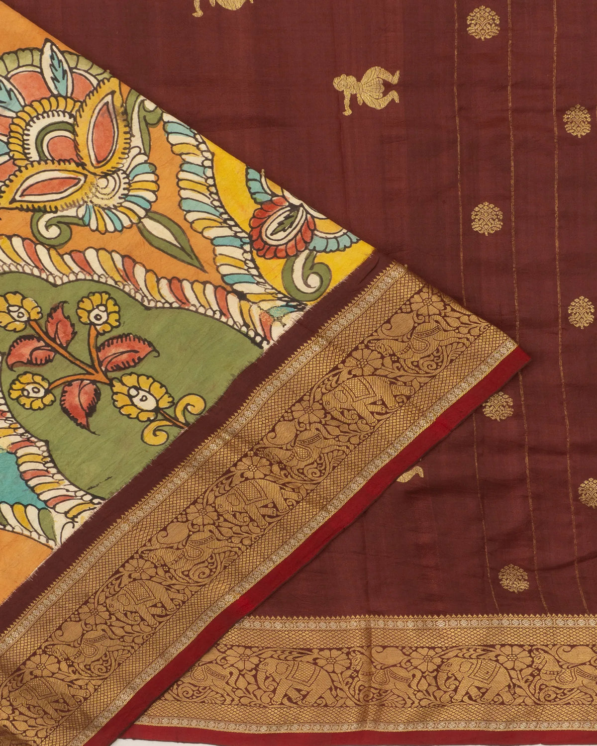 Kanchipuram Silk Kalamkari Hand Painted Green Saree