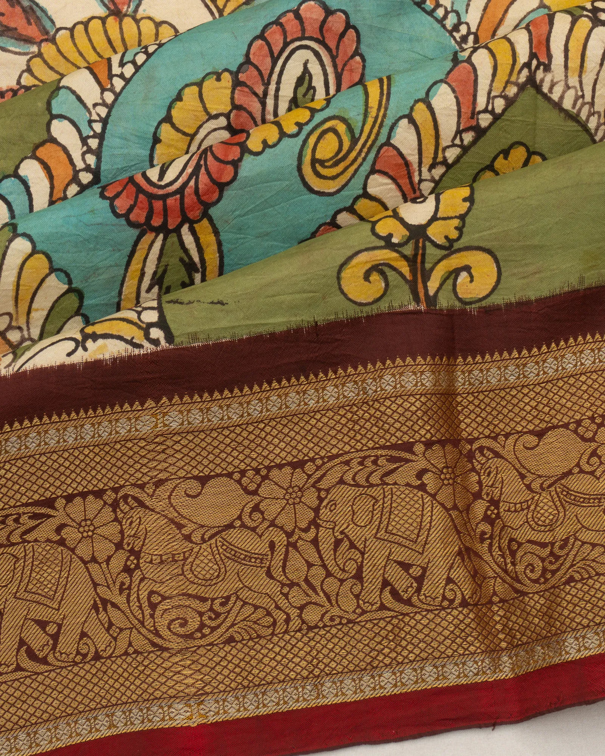 Kanchipuram Silk Kalamkari Hand Painted Green Saree